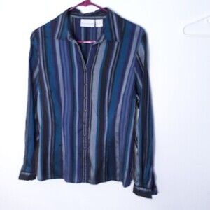 Worthington 100% silk blue black dress shirt 8 m blouse top classic luxury luxe